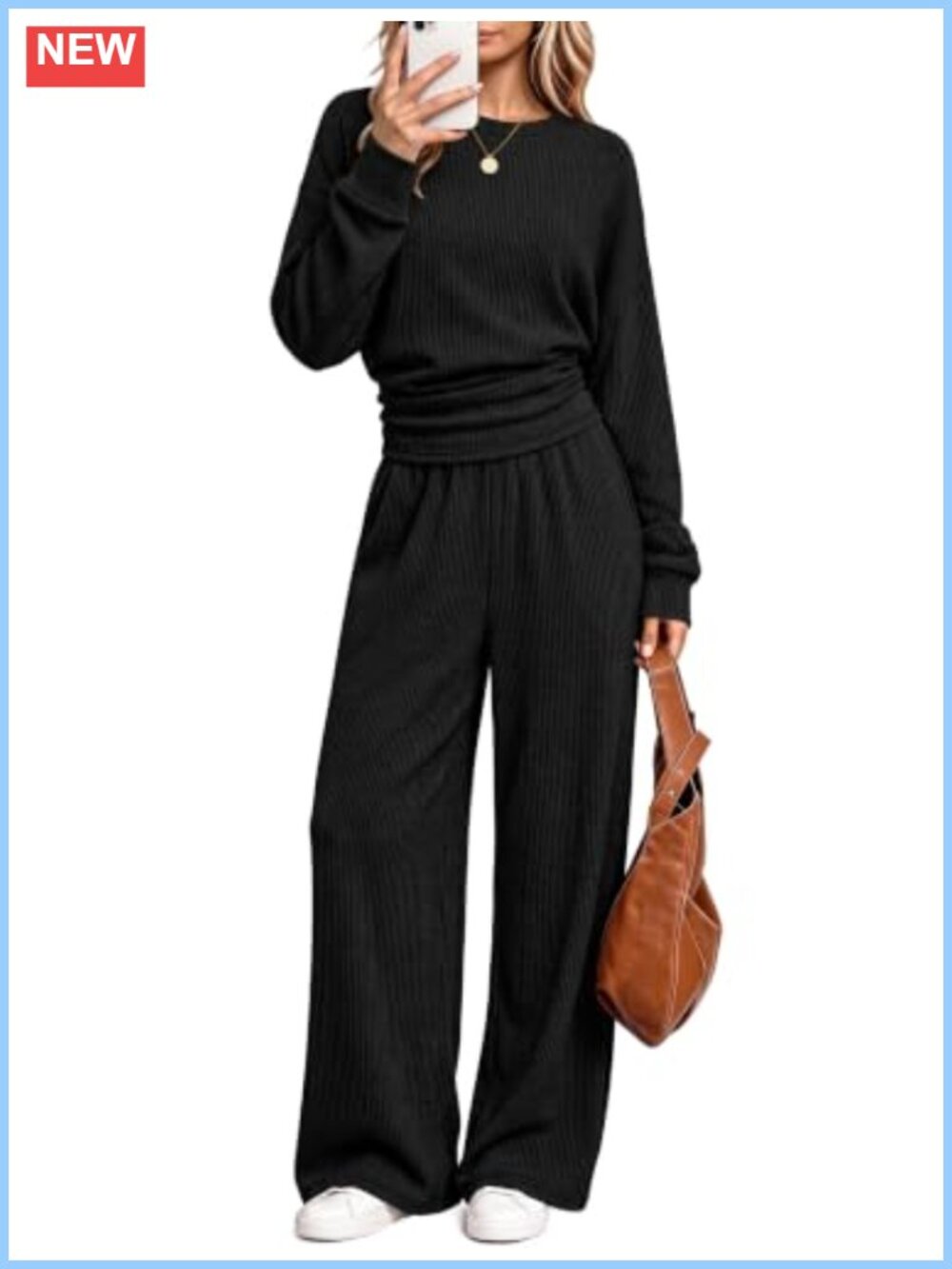 Ribbed Knit Two Piece Set Crew Neck Long Sleeve Ruched Wide Leg Pants Pockets